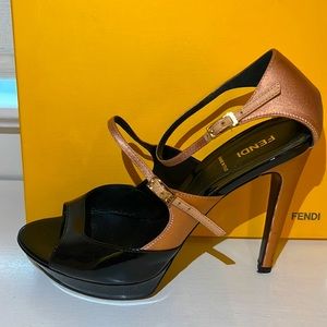 FENDI black patent and rose silk heels